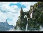  bad_id bad_pixiv_id castle cliff cloud day fog landscape letterboxed matsura_ichirou mountain no_humans original overgrown scenery sky tower tree water waterfall 