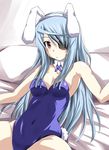  animal_ears blue_hair blue_leotard bow bowtie bunny_ears bunny_tail bunnysuit detached_collar eyepatch infinite_stratos laura_bodewig leotard long_hair mister_(black_and_white) red_eyes ribbon solo tail 