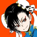  black_hair brown_eyes bun_cover china_dress chinese_clothes chun-li double_bun dress face nonjake red_eyes ribbon short_hair smirk street_fighter 