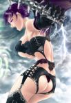  ass bare_shoulders bone breasts cloud copyright_request covered_nipples elbow_gloves fangs garter_belt gloves large_breasts lightning lingerie open_mouth panties profile purple_eyes purple_hair s_zenith_lee short_hair slender_waist solo spine thighhighs thong underboob underwear wings 