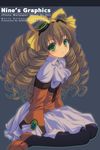  black_legwear bow brown_hair character_name copyright_name cravat dress drill_hair full_body genshi goggles goggles_on_head green_eyes grey_background hair_ribbon kneeling loafers long_hair maria_balthasar ribbon shoes smile solo xenogears yellow_bow 