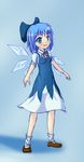  blue_eyes blue_hair bow cirno nac0n open_mouth short_hair simple_background solo standing touhou wings 