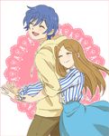  1girl blue_hair brother_and_sister brown_hair casual closed_eyes height_difference hood hoodie hug hug_from_behind mawaru_penguindrum siblings smile takakura_himari takakura_shouma yu_no123 