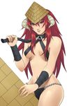  clothed clothing demon female hair hat horn lilbang long_hair long_red_hair multicolored_eyes panties plain_background pyramid red_hair skimpy solo underwear whip white_background 