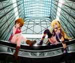  blonde_hair blue_eyes boots breasts brown_eyes brown_hair crossed_legs from_below headphones lens_flare lily_(vocaloid) long_hair medium_breasts meiko multiple_girls short_hair sitting skirt smile tadahama thigh_boots thighhighs vocaloid 