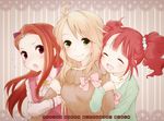  blonde_hair blush bow brown_hair closed_eyes girl_sandwich green_eyes hoshii_miki idolmaster idolmaster_(classic) long_hair minase_iori multiple_girls nico.co open_mouth red_hair sandwiched smile sweater takatsuki_yayoi twintails 