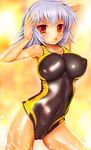  ben-tou competition_swimsuit highres lips one-piece_swimsuit red_eyes short_hair silver_hair solo swimsuit teruru wet yarizui_sen 