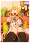  :d ahoge black_legwear blonde_hair blurry cake closed_eyes depth_of_field feeding food foreshortening fork gift happy highres hitoto hoshii_miki idolmaster idolmaster_(classic) kneehighs knees long_hair looking_at_viewer necktie open_mouth outstretched_hand plaid plaid_skirt pleated_skirt pov_feeding shirt sitting skirt smile solo 