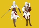  2girls altair_ibn-laahad altar_ibn-laahad assassin's_creed assassin's_creed_(series) assassins_creed boots bracer bracers breasts cleavage ezio_auditore_da_firenze genderswap gloves half-cape hood hoods multiple_girls sword weapon 