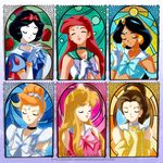  6girls ariel ariel_(disney) artist_request aurora aurora_(disney) belle belle_(disney) bishoujo_senshi_sailor_moon black_hair blonde_hair blush brown_hair cinderella cinderella_(disney) cosplay dark_skin disney eyes_closed jasmine jasmine_(disney) lipstick long_hair open_mouth red_hair sailor_moon smile snow_white tongue 