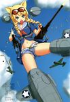  :o a6m_zero a6m_zero_(personification) absurdres ammunition_belt animal_ears artist_name b5n bangs belt blonde_hair blouse blue_blouse blue_eyes blue_sky braid breasts casing_ejection cat_ears cleavage cloud day denim denim_shorts dual_wielding f4f_wildcat fang firing goggles goggles_on_head gun hair_over_shoulder highres holding looking_at_viewer machine_gun mc_axis mecha_musume medium_breasts midriff muzzle_flash navel neckerchief open_fly open_mouth panties panty_peek pantyshot personification roundel sailor_collar shell_casing short_shorts short_sleeves shorts sky smoke solo striker_unit takayaki translation_request twin_braids unbuttoned underwear upshorts v-shaped_eyebrows weapon white_panties world_war_ii 