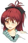  1girl bad_id bad_pixiv_id blush bow collarbone cum cum_in_mouth cum_string facial hair_bow hetero kamata_yuuya mahou_shoujo_madoka_magica one_eye_closed partially_colored penis ponytail red_eyes red_hair sakura_kyouko tears tongue upper_body wince 