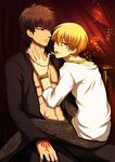  bad_id bad_pixiv_id blonde_hair brown_eyes brown_hair command_spell cross earrings fate/stay_night fate/zero fate_(series) gilgamesh jewelry kotomine_kirei looking_at_viewer male_focus multiple_boys muscle necklace open_clothes open_shirt red_eyes shirt sitting sitting_on_lap sitting_on_person snakeskin_print uka_(color_noise) yaoi 