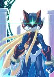  blonde_hair bodysuit energy_blade gloves glowing green_eyes helmet hi-go! male_focus pillar rockman rockman_zero solo zero_(rockman) 