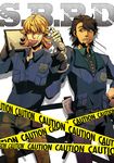  44 bandages barnaby_brooks_jr blonde_hair brown_eyes brown_hair caution_tape facial_hair food glasses green_eyes kaburagi_t_kotetsu male_focus mouth_hold multiple_boys necktie police police_badge police_uniform stubble thumbs_up tiger_&amp;_bunny uniform 