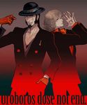  bad_id bad_pixiv_id black_hair blonde_hair bowler_hat engrish facial_hair facial_mark formal gloves goatee hat jake_martinez lipstick makeup male_focus multiple_boys necktie ouroboros ourobunny ranguage red_eyes sato_(vintage) sideburns suit tattoo tiger_&amp;_bunny 