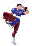  black_hair boots bracelet breasts bun_cover china_dress chinese_clothes chun-li double_bun dress earrings fighting_stance jewelry kawano_takuji large_breasts leg_up legs namco_x_capcom official_art pantyhose pelvic_curtain sash solo spiked_bracelet spikes standing standing_on_one_leg street_fighter thick_thighs thighs 