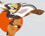  blonde_hair cape facial_mark forehead_protector i_(kaiyou) konohagakure_symbol kunai male_focus naruto naruto_(series) open_mouth petals solo uzumaki_naruto weapon whisker_markings 