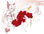  barefoot bow colored_eyelashes fire fujiwara_no_mokou hair_bow hime_cut hisame_(gocbu) long_hair ofuda pants red_eyes skinny smoke solo suspenders touhou very_long_hair white_hair 