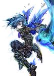  blue_hair copyright_request corset fire fujiwara_akina short_hair solo weapon wings 