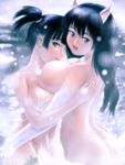  animal_ears asymmetrical_docking black_hair blue_eyes breast_licking breast_press breasts copyright_request fur hug huge_breasts jpeg_artifacts licking long_hair multiple_girls onsen s_zenith_lee short_twintails smile snow snowing tail tongue topless twintails yuri 