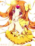  bad_id bad_pixiv_id bow bubble_skirt choker circlet cure_muse_(yellow) frills hair_ribbon heart long_hair magical_girl orange_hair precure purple_eyes ribbon shirabe_ako shiratama_(shiratamaco) skirt smile solo suite_precure yellow_bow yellow_choker yellow_skirt 