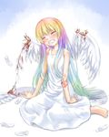  1girl ahoge angel angel_wings barefoot blonde_hair blood blush broken_arm bruise bruises clenched_teeth dreamrabbit dress eyes_closed feathers feet flat_chest guro halo injury kneeling long_hair multi_colored_hair multicolored_hair pain solo tears teeth toes very_long_hair wings yuyuzuki_(yume_usagi) 