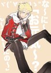  bad_id bad_pixiv_id blonde_hair blue_eyes cape chin_rest final_fantasy final_fantasy_type-0 gloves grin highres jack_(fft-0) kaninn male_focus pants sepia_background sitting smile solo translation_request uniform white_gloves 