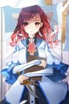  badge book breasts bridal_gauntlets capelet clipboard coat dagger dress flag lowres medium_breasts red_eyes red_hair salt_(salty) solo sword_girls vernika_answer weapon 