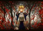  ahoge armor armored_dress artoria_pendragon_(all) bad_id bad_pixiv_id blonde_hair blood dress fate/stay_night fate_(series) faulds forest gauntlets green_eyes hair_ribbon letterboxed nature ribbon saber solo teito_(yukitoki-tatsuhi) tree 