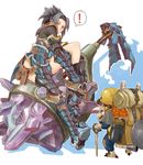 1girl alternate_color armor backpack bag belt_pouch blue_hair boots crystal felyne hardhat helmet monster_hunter ponytail pouch putting_on_boots putting_on_shoes rathalos_(armor) red_eyes sanzhuangwangcat thigh_boots thighhighs undressing 