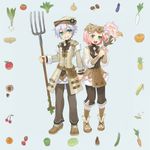  1boy 1girl azel_(rune_factory) bad_id bad_pixiv_id belt flower green_eyes hat headband pink_hair pitchfork rune_factory rune_factory_oceans short_hair silver_hair smile sonia_(rune_factory) 