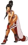  bare_shoulders bent_over black_hair breasts cleavage closed_fan fan fatal_fury fingerless_gloves folding_fan gloves japanese_clothes large_breasts long_hair ninja nona official_art pelvic_curtain ponytail revealing_clothes shiranui_mai solo tabi the_king_of_fighters the_king_of_fighters_2002 