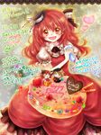  2011 ascot brown_eyes cake candy character_doll chocolate chocolate_heart dated food frills fruit happy_birthday hat heart henrietta_grimm koron_(tkhsrui) long_hair red_hair rui_grimm smile solo strawberry translation_request zettai_meikyuu_grimm 