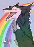  blue_eyes english_text looking_at_viewer open_mouth rainbow sergal sidgi smile solo sparkles teeth text 