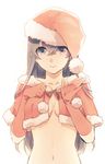  bad_id bad_pixiv_id black_hair breasts capelet christmas cleavage collarbone elbow_gloves gloves hat katase_waka long_hair looking_at_viewer midriff navel no_bra original out-of-frame_censoring red_gloves santa_costume santa_hat simple_background small_breasts solo 