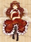  ascot black_legwear brown_background brown_eyes brown_hair dress expressionless frills full_body henrietta_grimm long_hair lying nano_(lanthan00) no_shoes on_back pantyhose solo zettai_meikyuu_grimm 