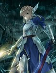  adapted_costume ahoge armor arondight artoria_pendragon_(all) blonde_hair dual_wielding excalibur fate/stay_night fate_(series) gauntlets green_eyes hair_ribbon head_wings holding ribbon ryouku saber solo 