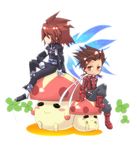  boots brown_eyes brown_hair cape chibi clover four-leaf_clover full_body gloves knee_boots kratos_aurion lloyd_irving male_focus matsumoto_hakuya multiple_boys mushroom pants red_hair red_shirt shirt sitting spiked_hair tales_of_(series) tales_of_symphonia 