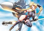  aircraft airplane bardiche blonde_hair breasts byeontae_jagga cloud dual_wielding energy_blade energy_sword fate_testarossa fighter_jet hair_ribbon highres holding jet large_breasts leg_up legs leotard long_hair long_legs lyrical_nanoha mahou_shoujo_lyrical_nanoha_strikers military military_vehicle missile open_mouth red_eyes ribbon sky solo su-47_berkut sword thighhighs thighs twintails weapon 