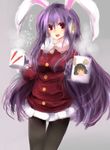  animal_ears black_legwear breath bunny_ears carrot cup e-co highres inaba_tewi long_hair looking_at_viewer mug pantyhose purple_hair red_eyes reisen_udongein_inaba solo steam touhou very_long_hair winter_clothes 