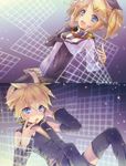  1girl alternate_hairstyle aqua_eyes blonde_hair brother_and_sister hair_ornament hairclip headphones kagamine_len kagamine_rin natsumi_yuu open_mouth project_diva_(series) project_diva_2nd short_hair short_twintails siblings skirt smile thighhighs twins twintails vocaloid zettai_ryouiki 