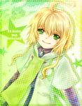  ahoge atelier_(series) atelier_lise blonde_hair coat eleore_(atelier) green green_eyes koron_(tkhsrui) male_focus sidelocks smile solo star 