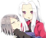  bad_id bad_pixiv_id carrying fate/stay_night fate/zero fate_(series) hakumensu hisau_maiya irisviel_von_einzbern long_hair multiple_girls purple_hair red_eyes short_hair white_hair 