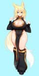  absurdres alice_(flanaki) animal_ear_fluff animal_ears bare_shoulders blonde_hair blue_eyes boots breasts china_dress chinese_clothes cleavage cleavage_cutout commission curvy detached_sleeves dress erect_nipples fang fox_ears fox_girl fox_tail full_body highres huge_breasts long_hair mofuaki multicolored_hair no_panties open_mouth original pelvic_curtain smile solo standing tail thick_thighs thighs white_hair wide_hips 