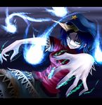  blue_eyes blue_hair breasts chinese_clothes dress fingernails glowing grin hat highres jiangshi letterboxed medium_breasts miyako_yoshika nail_polish ofuda outstretched_arms rion_(glayjirobass) short_hair smile solo spirit star touhou zombie_pose 