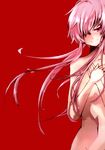  bad_id bad_pixiv_id breasts gasai_yuno hair_over_breasts hair_over_one_eye hands_on_own_chest head_tilt highres long_hair medium_breasts mirai_nikki navel nude out-of-frame_censoring pink_eyes pink_hair red_background smile solo yuri11108 