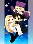  &gt;_&lt; 2girls bad_id bad_pixiv_id black_eyes black_hair boots carrying chibi closed_eyes coat couple emiya_kiritsugu family fate/zero fate_(series) father_and_daughter hat hetero husband_and_wife illyasviel_von_einzbern irisviel_von_einzbern long_hair multiple_girls necktie on_head person_on_head princess_carry purple_hat red_eyes sc69 thigh_boots thighhighs white_hair 