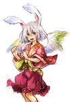  animal_ears copyright_request fujiwara_akina japanese_clothes kimono red_eyes short_hair solo white_hair wings 