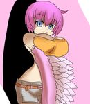  bad_id bad_pixiv_id belt blue_eyes breast_squeeze breasts feathers harpy harpy_(monster_girl_encyclopedia) hatikosuto large_breasts monster_girl monster_girl_encyclopedia pink_hair shorts solo 